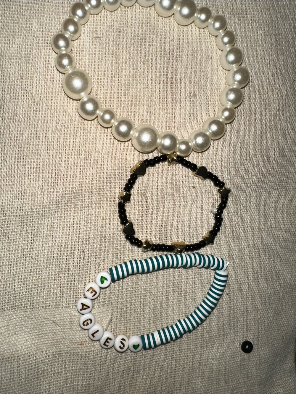 Pearl, Black Bead and Striped Letter Stackable Bracelet Set